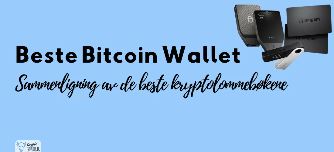 Hardware-lommebøkene Ledger Nano X, Trezor Safe 5 og Tangem ved siden av overskriften «Beste Bitcoin Wallet»