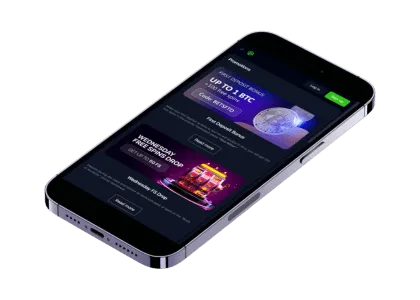 En smarttelefon som viser kampanjesiden på Bets.io med velkomstbonuser og tilbud som "Up to 1 BTC" og "Wednesday FS Drop."