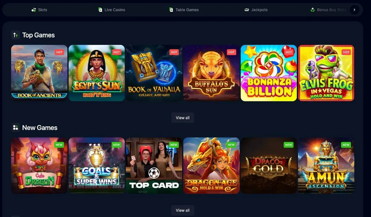 Utvalg av spill hos Bets.io med spilltitler som "Book of Ancients", "Egypt's Sun", "Bonanza Billion" og "Elvis Frog in Vegas" vist i et mørkt brukergrensesnitt.