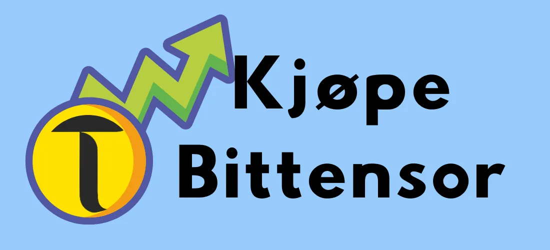 Illustrasjon med Bittensor-logo, grønn oppadgående pil og teksten «Kjøpe Bittensor» på blå bakgrunn.