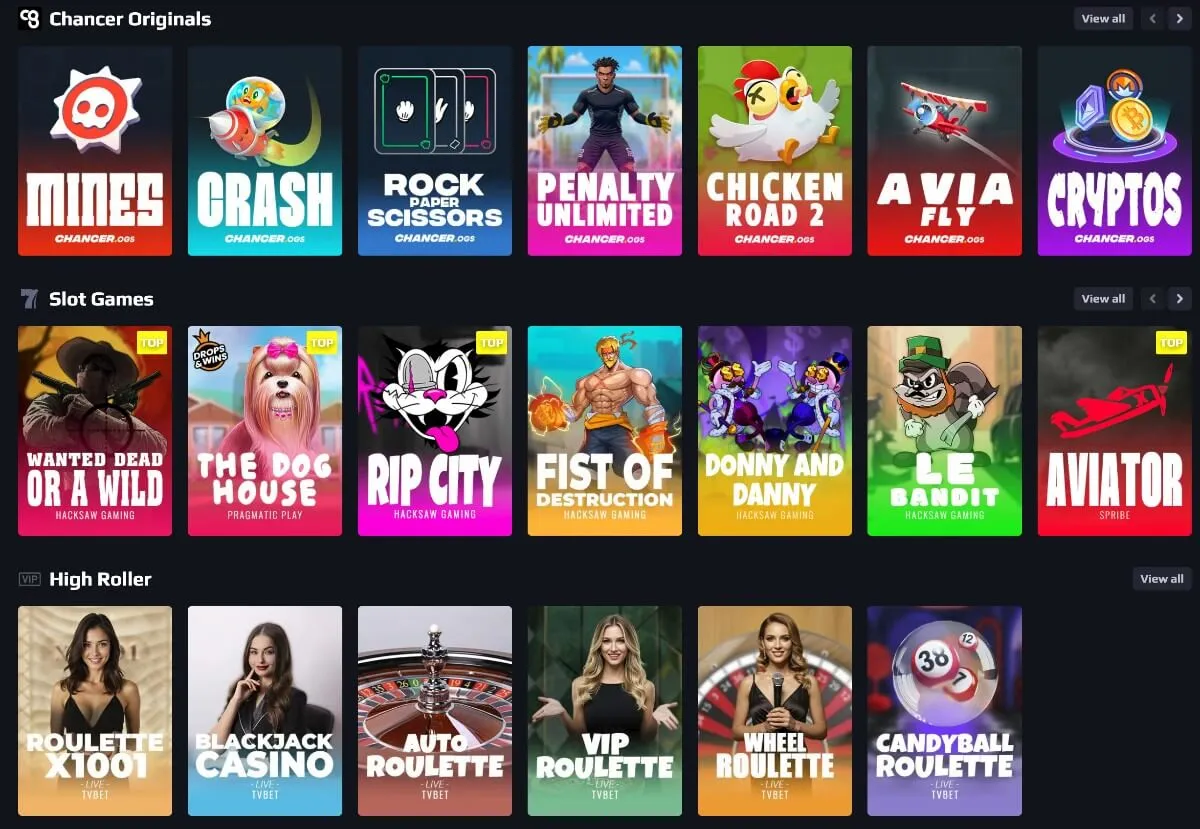 Spillutvalget på Chancer.bet med Chancer Originals, spilleautomater og high roller-bord