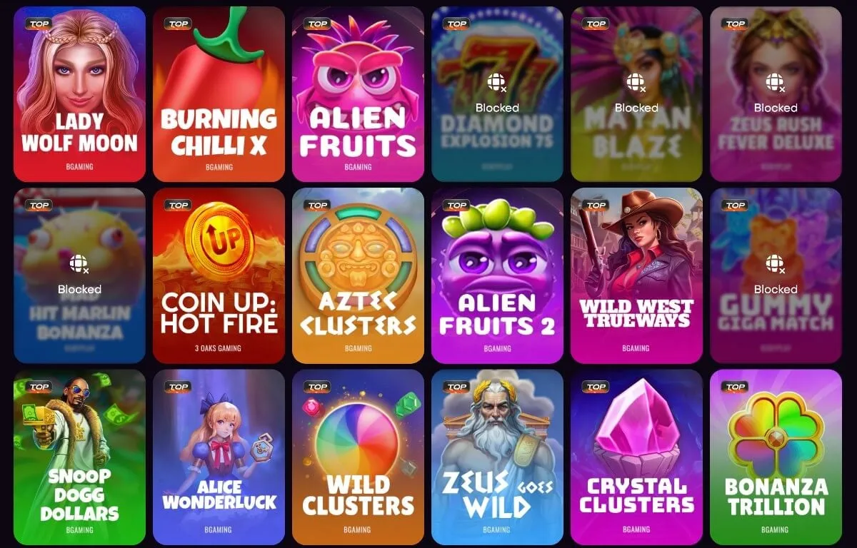 Spillutvalget på Dexsport.io med spilleautomater som Burning Chilli X og Alien Fruits
