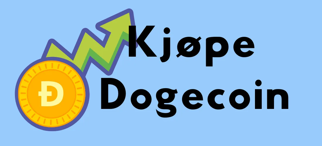 Dogecoin-logoen med teksten "Kjøpe Dogecoin" og en oppadgående pil som symboliserer vekst og populariteten til kryptovalutaen.