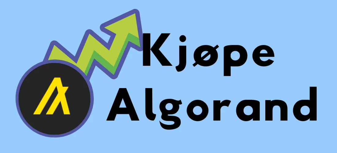Logoen til Algorand med en grønn pil som peker oppover, ledsaget av teksten "Kjøpe Algorand" på en blå bakgrunn.