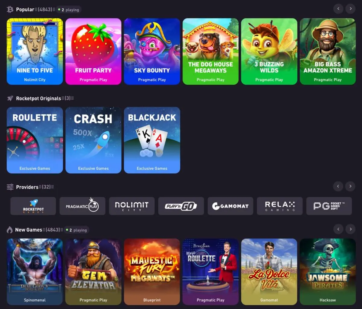 En oversikt over populære spill, eksklusive spill, og nye spill på RocketPot, inkludert titler som "Nine to Five," "Fruit Party," "Crash," og "Gem Elevator."