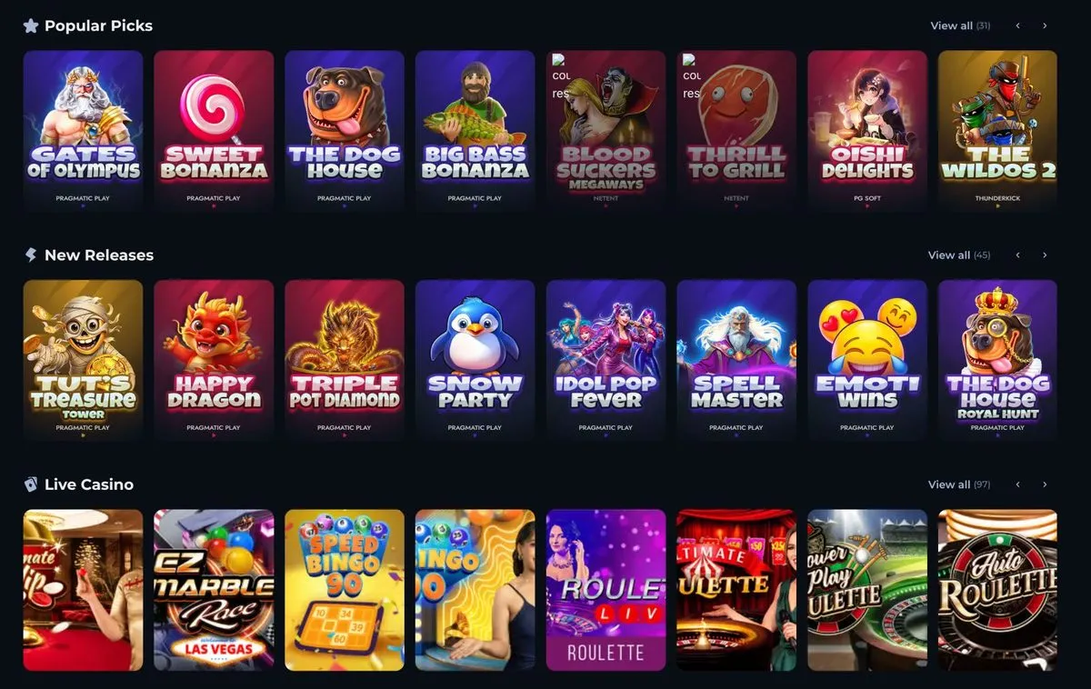 Spillutvalget på Rollion.bet med Popular Picks, New Releases og Live Casino