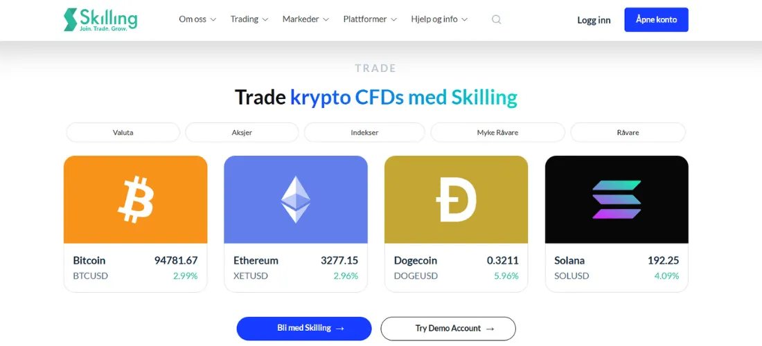Skjermbilde av Skillings nettside som viser kryptovaluta-CFD-handel, inkludert Bitcoin, Ethereum, Dogecoin og Solana.