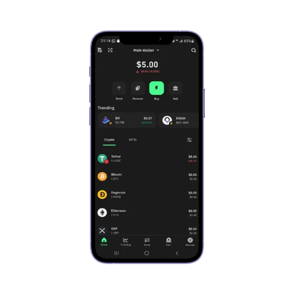 Trust Wallet-appen på mobilen med saldo og liste over kryptovalutaer