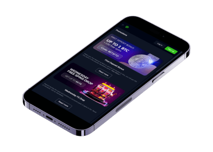 En smarttelefon som viser kampanjesiden på Bets.io med velkomstbonuser og tilbud som "Up to 1 BTC" og "Wednesday FS Drop."