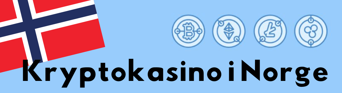 Norsk flagg med symboler for Bitcoin, Ethereum, Litecoin og Ripple, sammen med teksten 'Kryptokasino i Norge'