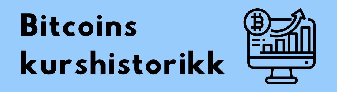 Bitcoins kurshistorikk Teksten "Bitcoins kurshistorikk" med en illustrasjon av en dataskjerm som viser en graf med Bitcoin-symbol på en blå bakgrunn.