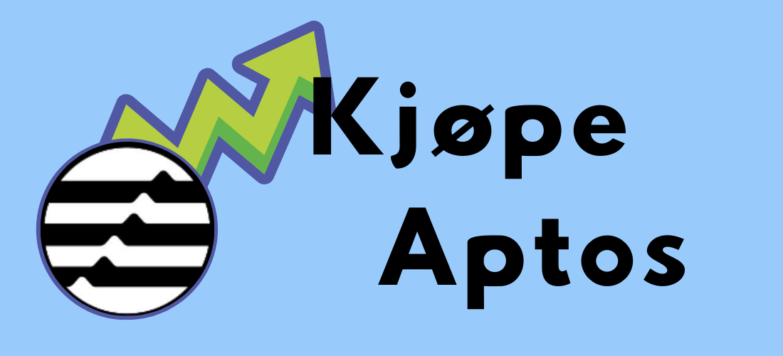 Grafisk illustrasjon av Aptos-logoen ved siden av en grønn oppadgående pil og teksten «Kjøpe Aptos» på blå bakgrunn.