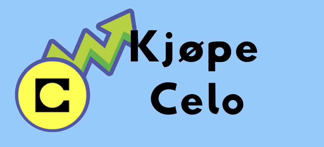 Logoen til CELO med en grønn, oppadgående pil som representerer vekst, ledsaget av teksten "Kjøpe Celo" på en blå bakgrunn.