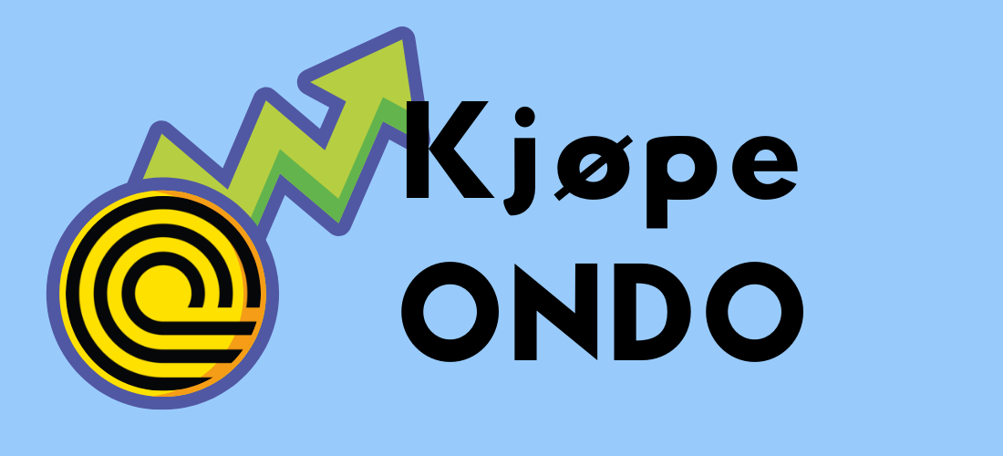 Illustrasjon med Ondo-logo, grønn stigende pil og teksten «Kjøpe ONDO» på blå bakgrunn.