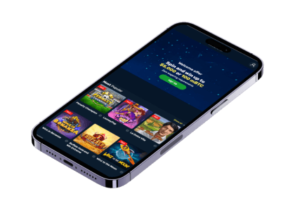 En smarttelefon som viser Winz.io Casino sin mobilversjon, med kampanjetilbud og populære spill som "Winz.io Bonanza" og "Book of Ra deluxe 6".