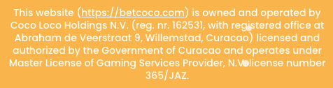 Lisensinformasjon for Betcoco.com, eid og drevet av Coco Loco Holdings N.V., med lisens fra Curacao.