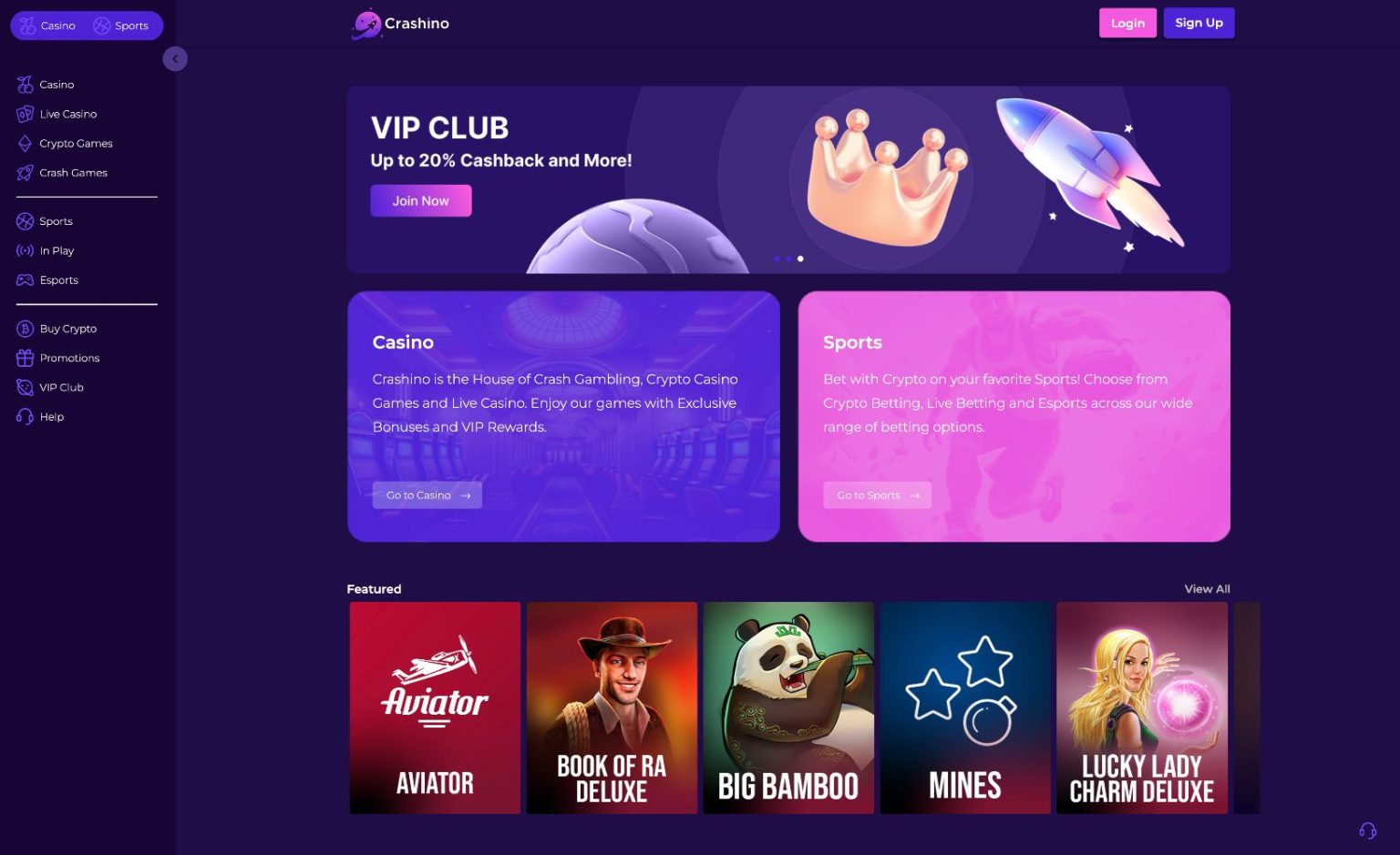 Crashino sin startside med VIP-klubb, casinospill, sportsbetting og utvalgte spill som Aviator og Book of Ra Deluxe.