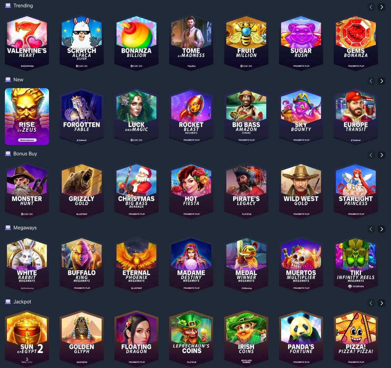 En oversikt over spillkategorier og titler på Crypto-games.io, inkludert trendende, nye, bonuskjøp, megaways og jackpotspill som "Valentine's Heart," "Rise of Zeus," og "Sun of Egypt 2."