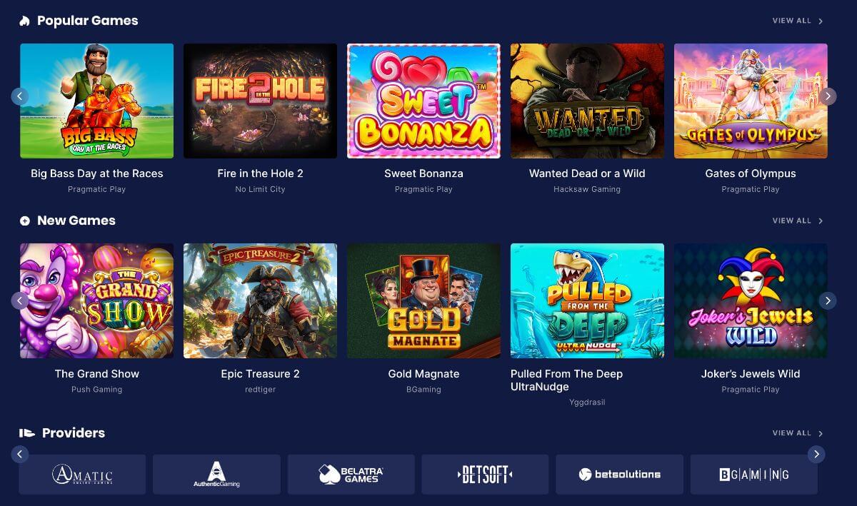 En oversikt over populære og nye spill på Flush Casino, inkludert titler som "Big Bass Day at the Races", "Sweet Bonanza", og "Gates of Olympus".
