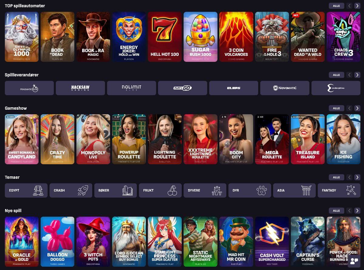 utvalg av spill pa claps