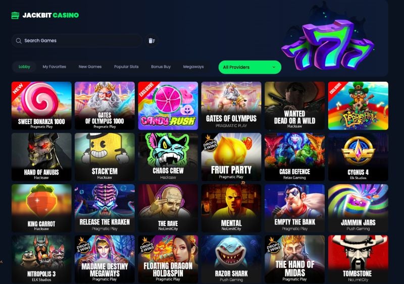 Et bredt utvalg av spilleautomater og casinospill på Jackbit Casino, inkludert populære titler som Sweet Bonanza 1000, Gates of Olympus og Chaos Crew.